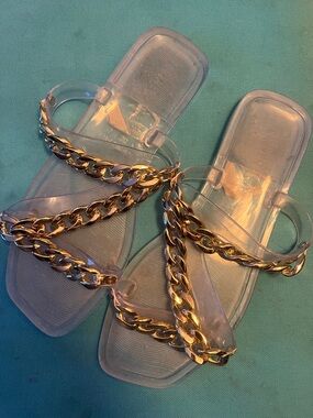 Clear Jelly Sandals with Gold Chain Accent - Women's Sandals